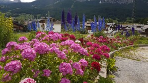 A mountain landscape with a village, featuring houses and a prominent mountain in the background.