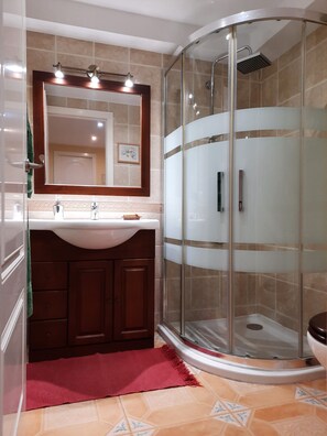 Shower, hair dryer, towels