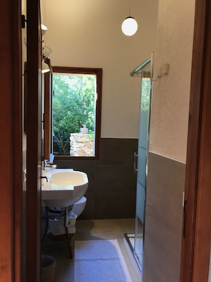 Regadera, secadora de cabello, bidet, toallas