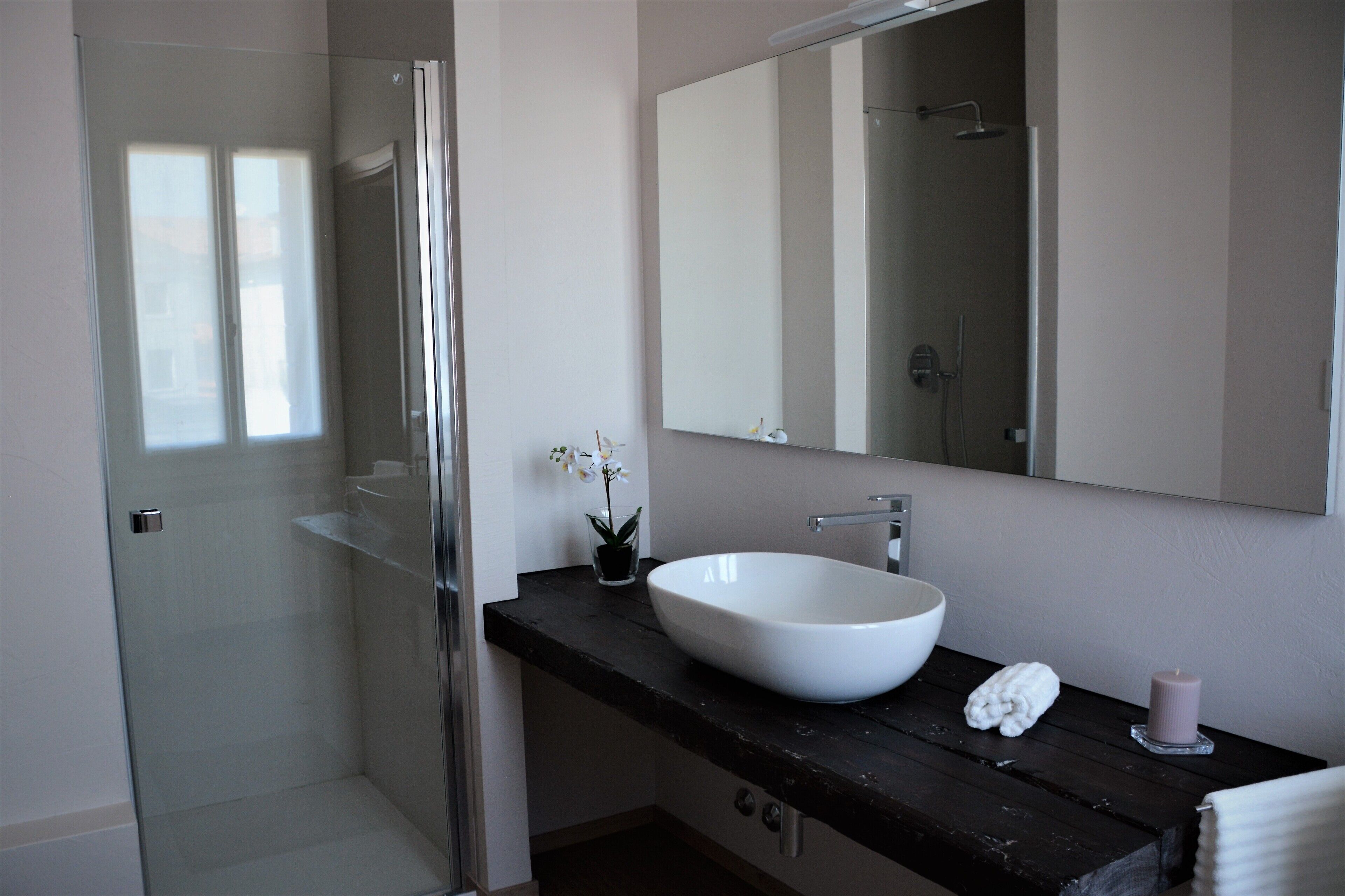 Shower, bidet, towels, soap