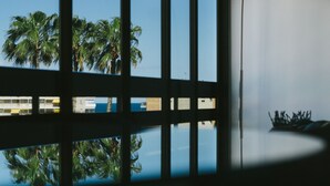 A room with a large window reflecting palm trees and a building across the water.