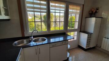Fridge, microwave, oven, coffee/tea maker