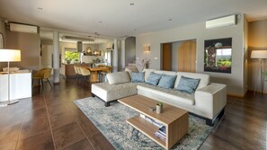 Smart TV, fireplace, music library, stereo