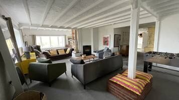 Fernseher, Kamin, DVD-Player, BĂŒcher