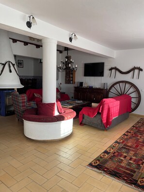 テレビ、暖炉、DVD プレーヤー、卓球台