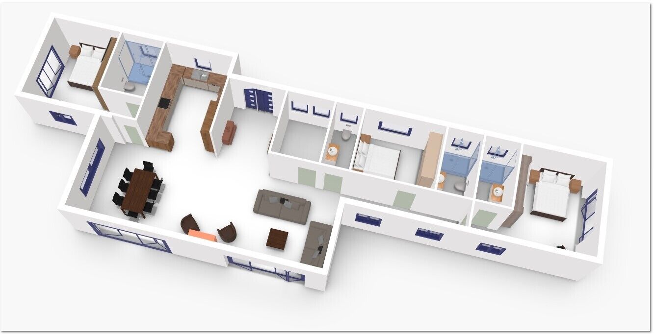 Ein 3D-Grundriss eines Hotels mit mehreren Zimmern, einem Essbereich und einer Küche.