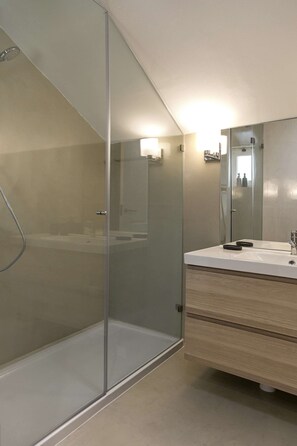 Shower, hair dryer, towels
