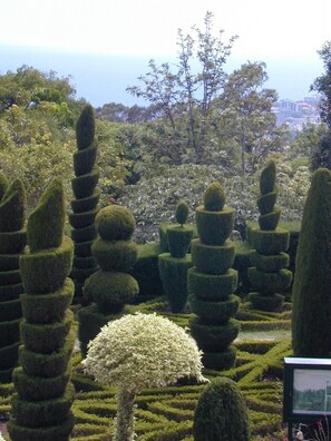 Un jardín cuidado con árboles y setos topiarios, y una vista despejada del paisaje urbano al fondo, además de un cartel con información.
