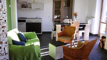 Een smart-tv, een open haard en boeken