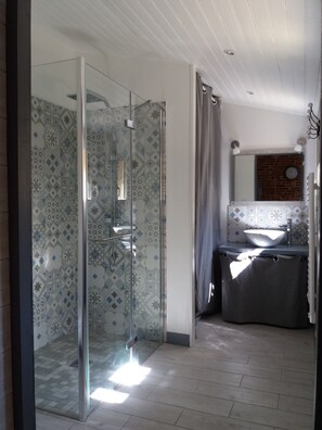 Shower, hair dryer, soap, toilet paper