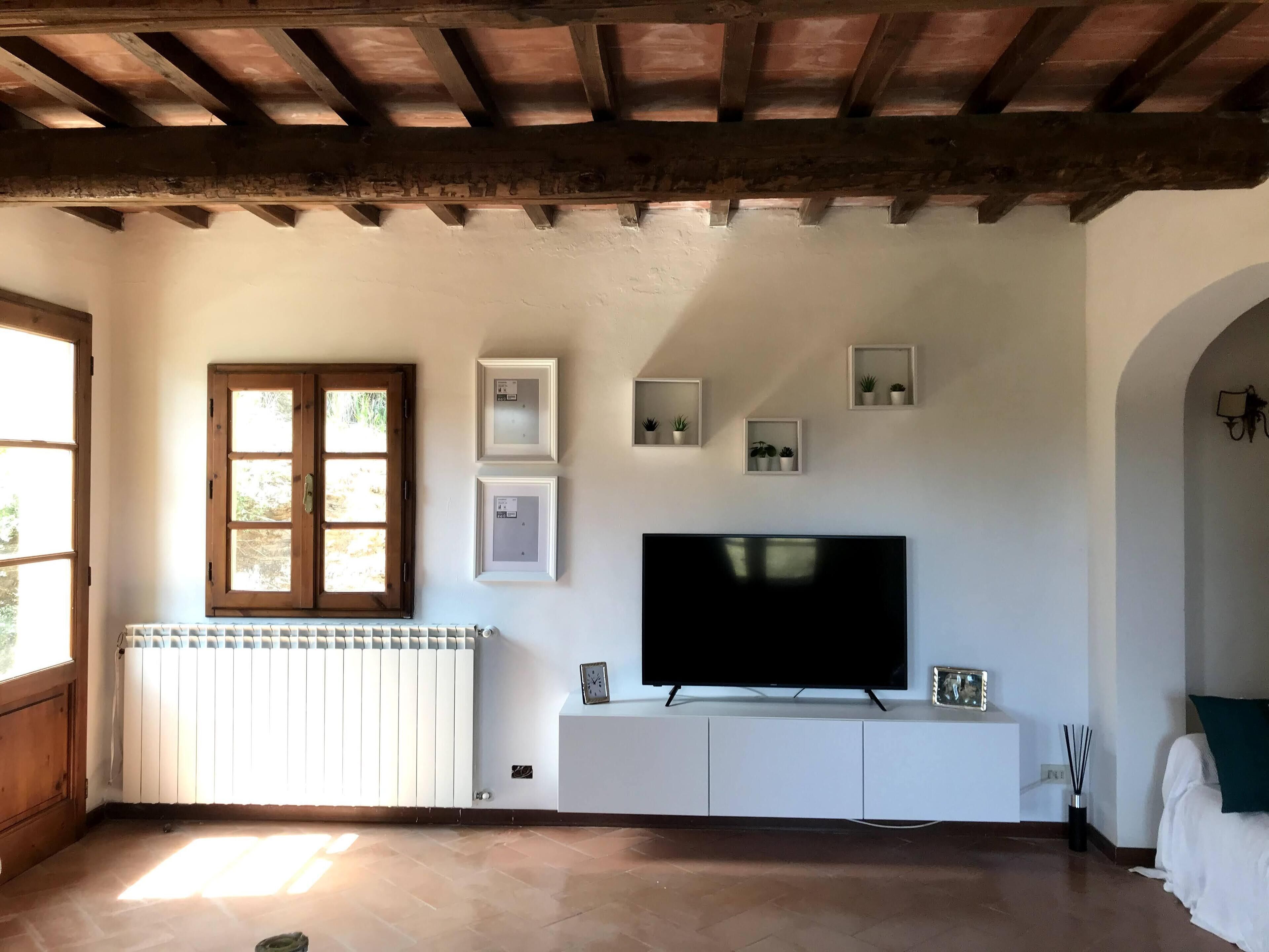 A room with a wooden ceiling, a large window, a radiator, a TV on a white cabinet, and small wall-mounted shelves with potted plants.