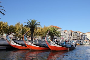 Three traditional boats docked at a waterfront with buildings and palm trees in the background. - AMAZING APARTMENT IN THE CENTER OF AVEIRO WITH VIEW TO THE RIVER AND GARDEN (WiFi) (Aveiro)