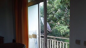 Un balcon donnant sur un espace verdoyant et équipé d’une antenne parabolique.