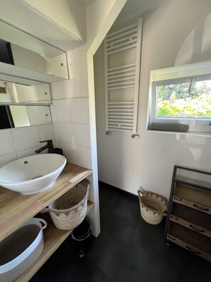 Bathtub, hair dryer, soap, toilet paper