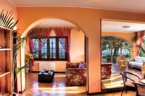 Televisio, takka, stereot, työhuone