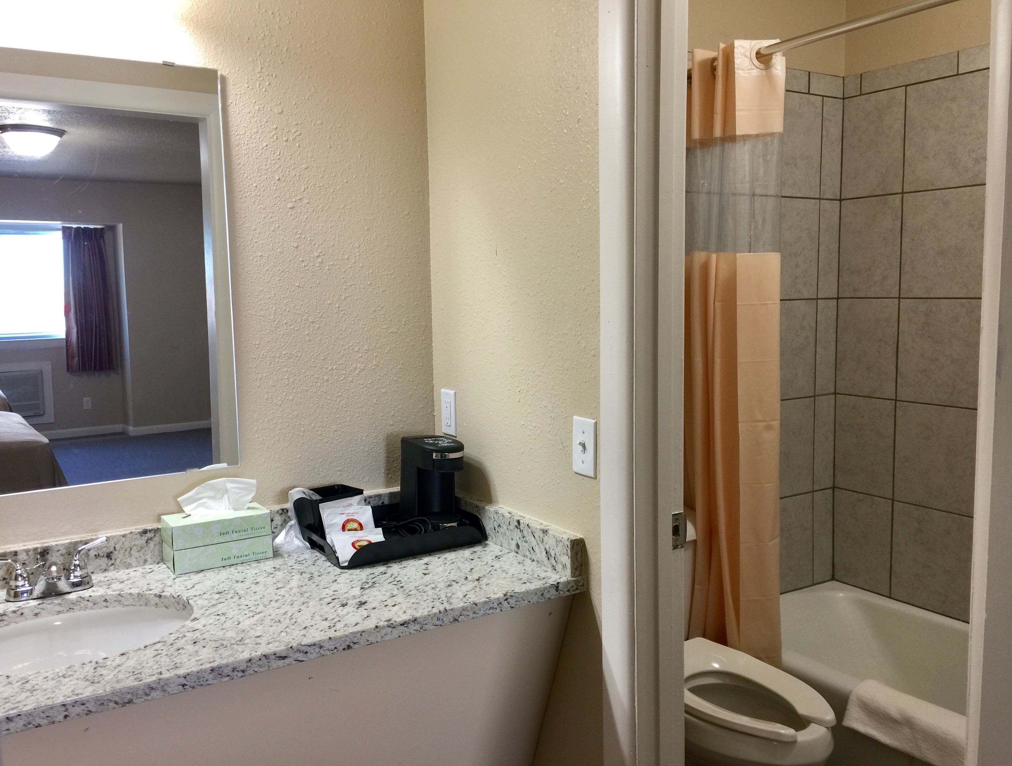 A bathroom with a sink, mirror, and shower. There is a coffee maker on the counter and a box of tissues.