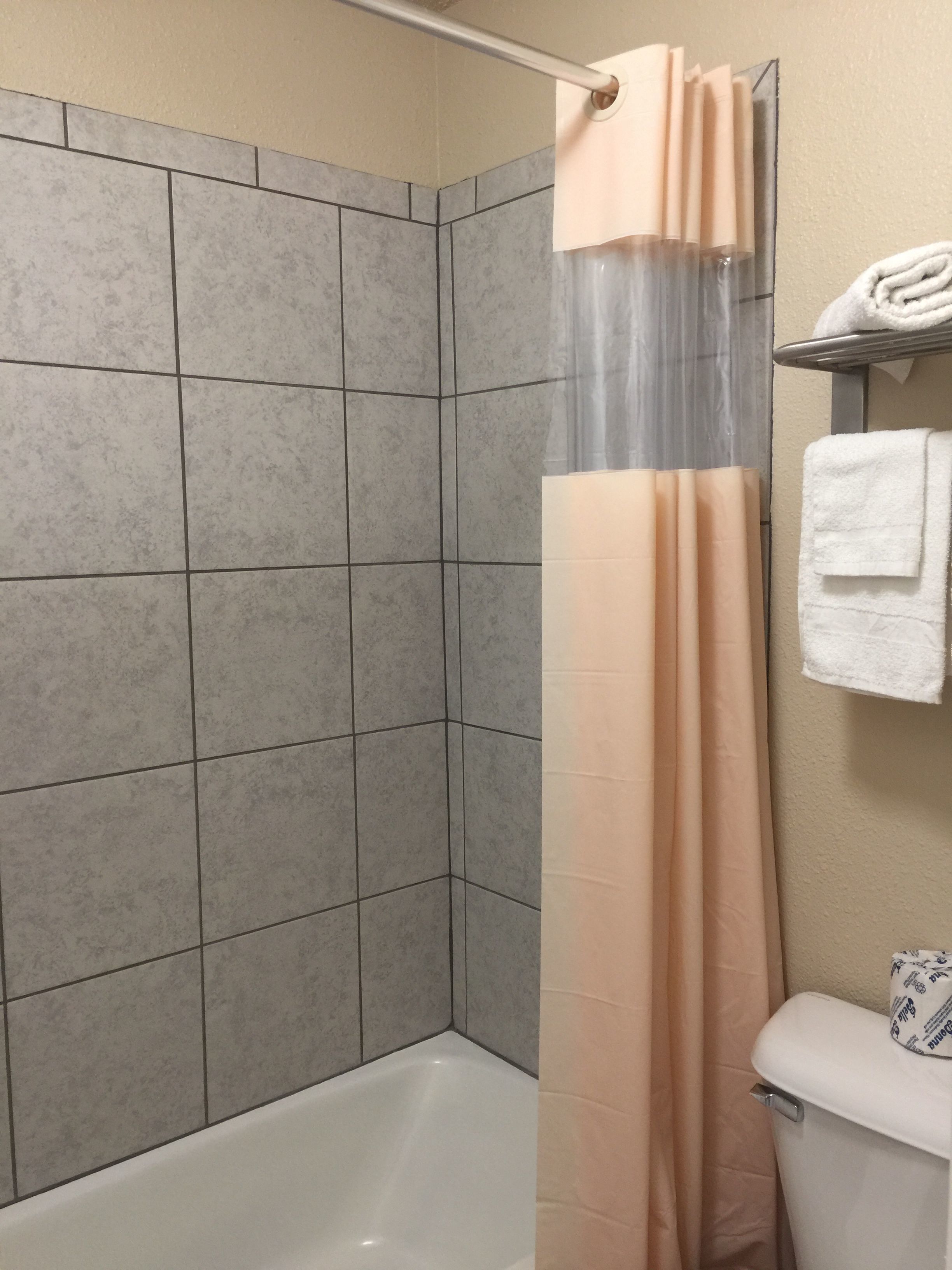 A bathroom with a shower, a toilet, and a towel rack.