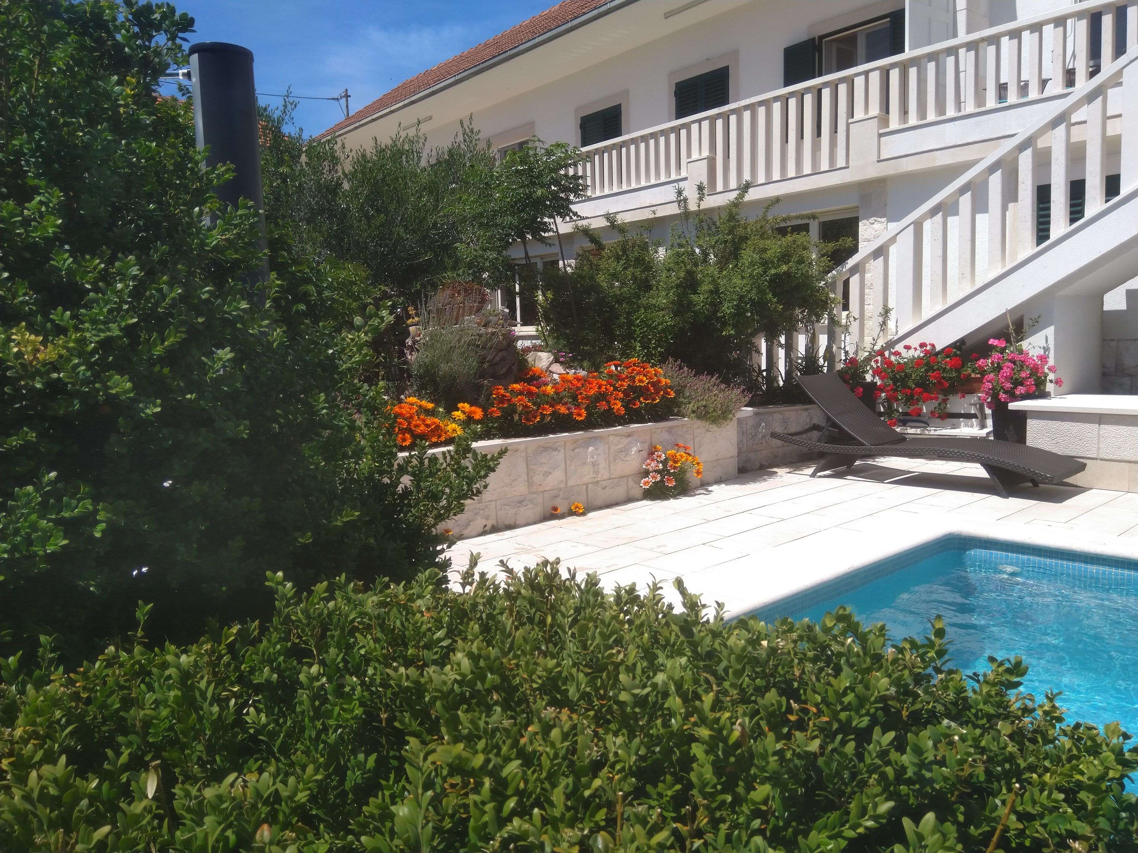 A pool area with a white staircase, surrounded by greenery and colorful flowers.