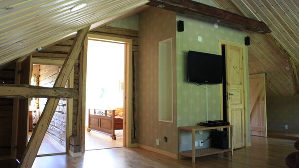 A spacious attic room with a sloped ceiling, wooden beams, a bed, a television mounted on the wall, and a small table with a speaker.