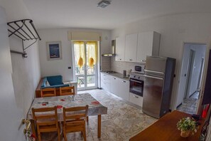 Fridge, microwave, stovetop, high chair