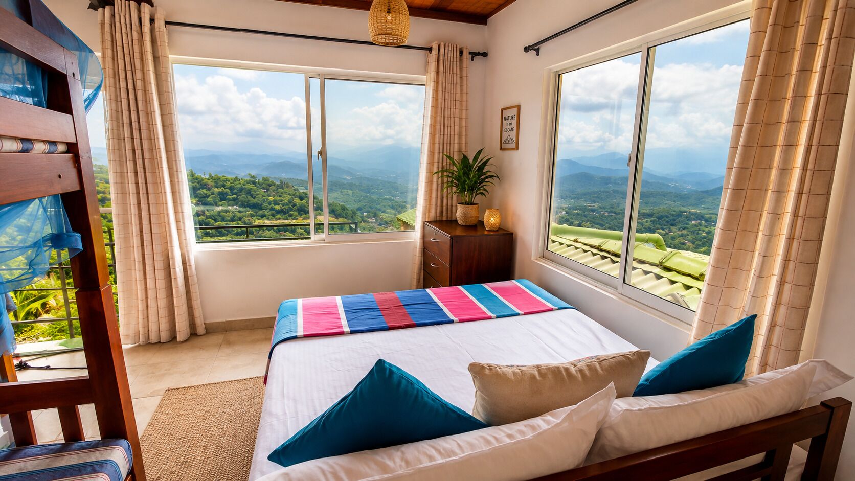 A bedroom with a bed, pillows, a nightstand, and a window with a view of the landscape.