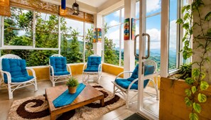 A sunlit room with large windows, wicker chairs with blue cushions, a wooden coffee table, and a view of greenery.