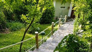 A stone staircase leading to a building with a green facade, surrounded by greenery. - Your Private Mountain Escape in Kandy - Eagles' Nest (Moragolla)
