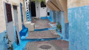 A narrow alleyway with blue-painted walls and steps leading to a door.
