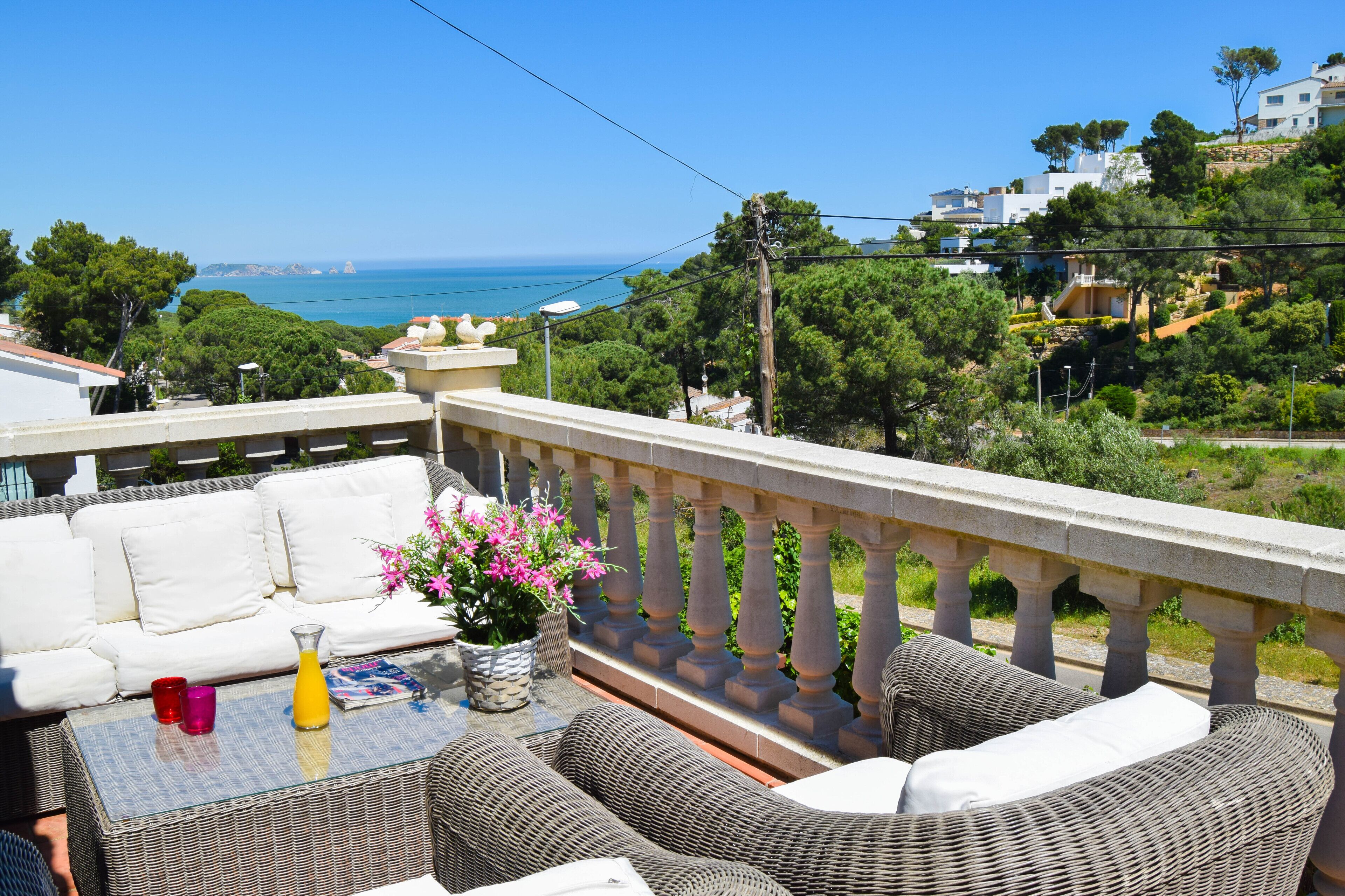 A balcony with wicker furniture, a potted plant, and a view of the sea and hills.