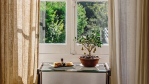 Une fenêtre donnant sur un paysage verdoyant, une plante en pot posée sur une étagère et un plateau contenant divers objets.