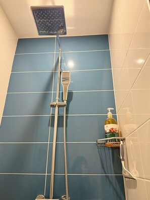 Dusche, Haartrockner, Handtücher, Seife