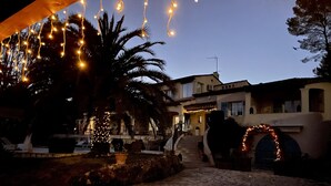 Un cortile con pavimento in pietra, palme e luci decorative appese.