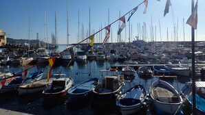 A marina with numerous boats docked, a clear sky, and a distant shoreline. - Sanremo, apartment with parking, air conditioning, near the beaches (Sanremo)