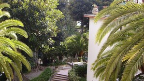 A garden with a stone staircase leading to a white building, surrounded by lush greenery and palm trees. - Sanremo, apartment with parking, air conditioning, near the beaches (Sanremo)
