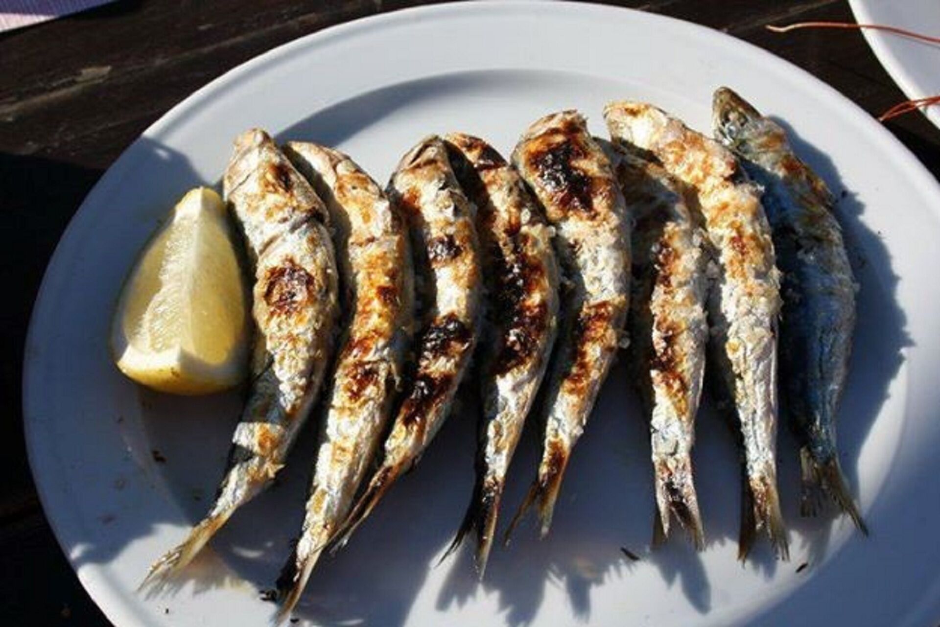 Grillattuja sardiineja valkoisella lautasella, ja vieressä sitruunaviipale.