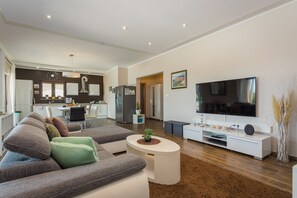 Smart TV, fireplace, books, stereo