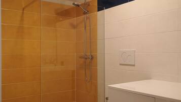 Shower, hair dryer, towels, toilet paper