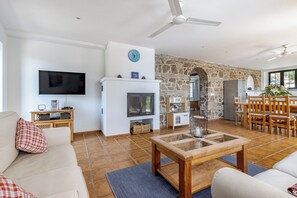 Smart TV, chimenea, reproductor de DVD y tenis de mesa
