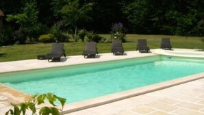 Una piscina con sillas de descanso y un jardín.