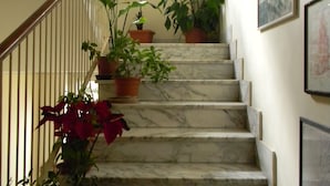 Uma escadaria de mármore com plantas em vasos à esquerda e quadros emoldurados à direita.