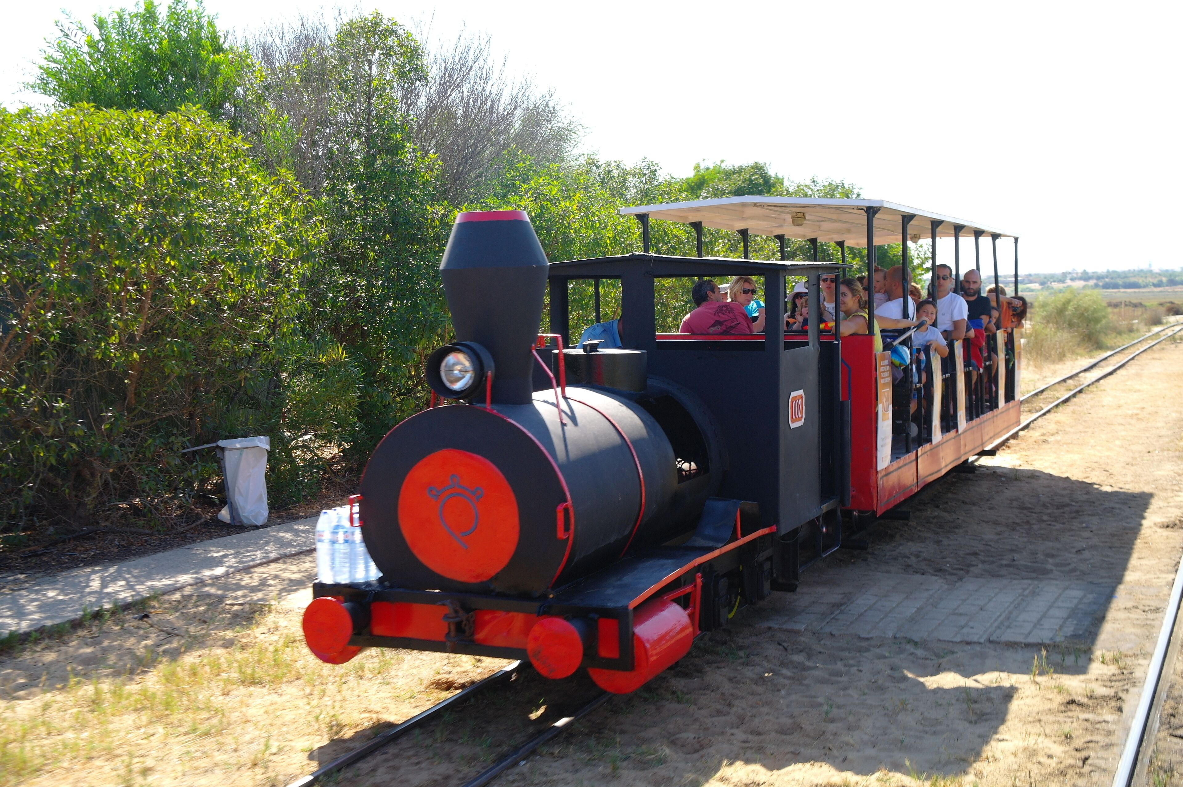 A small, vintage-style train with passengers, traveling on a track surrounded by greenery.