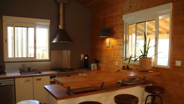 Une cuisine avec des meubles en bois, une hotte de cuisinière en acier inoxydable, un coin bar avec des tabourets et une fenêtre agrémentée d’une plante.