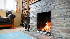Ein Steinkamin mit Feuer, ein blauer Teppich und eine Ledersofa im Vordergrund.