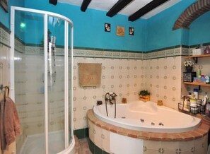Combined shower/tub, free toiletries, hair dryer, towels