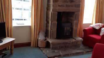 Fernseher, Kamin, DVD-Player, Bücher