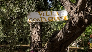 Un cartel con la inscripción 'Villa Costa Grande' colgado de un árbol.