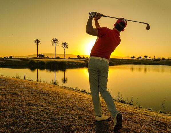 A person playing golf near a body of water with palm trees and a sunset in the background.