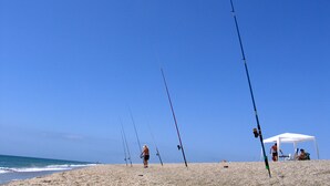 Una playa con cañas de pescar alineadas, una carpa blanca y el océano al fondo.