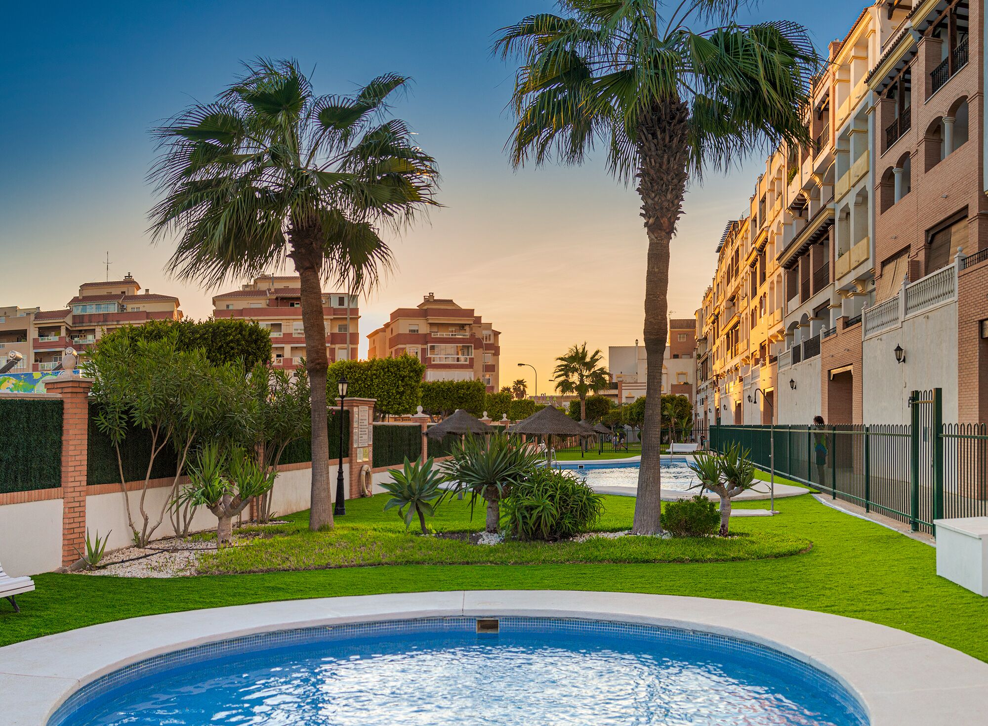 Una piscina rodeada de palmeras y un césped cuidado, con edificios residenciales al fondo.