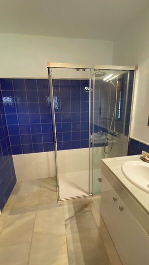 Combined shower/tub, bidet, towels, soap